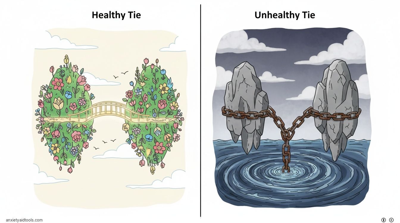 A split image comparing a floral bridge of light to a heavy, rusted iron chain.