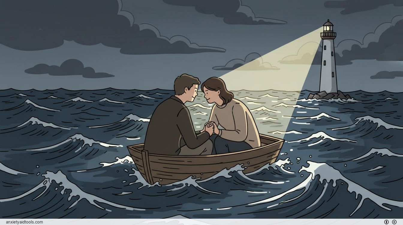 Two people in a small boat on a stormy sea, focused intensely on each other.