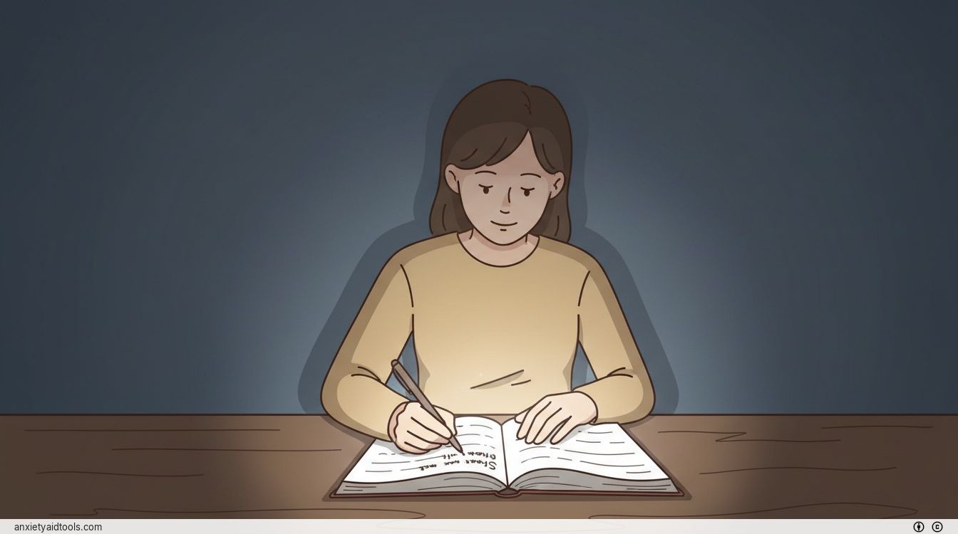 A person writing in a glowing journal that illuminates a dark room.