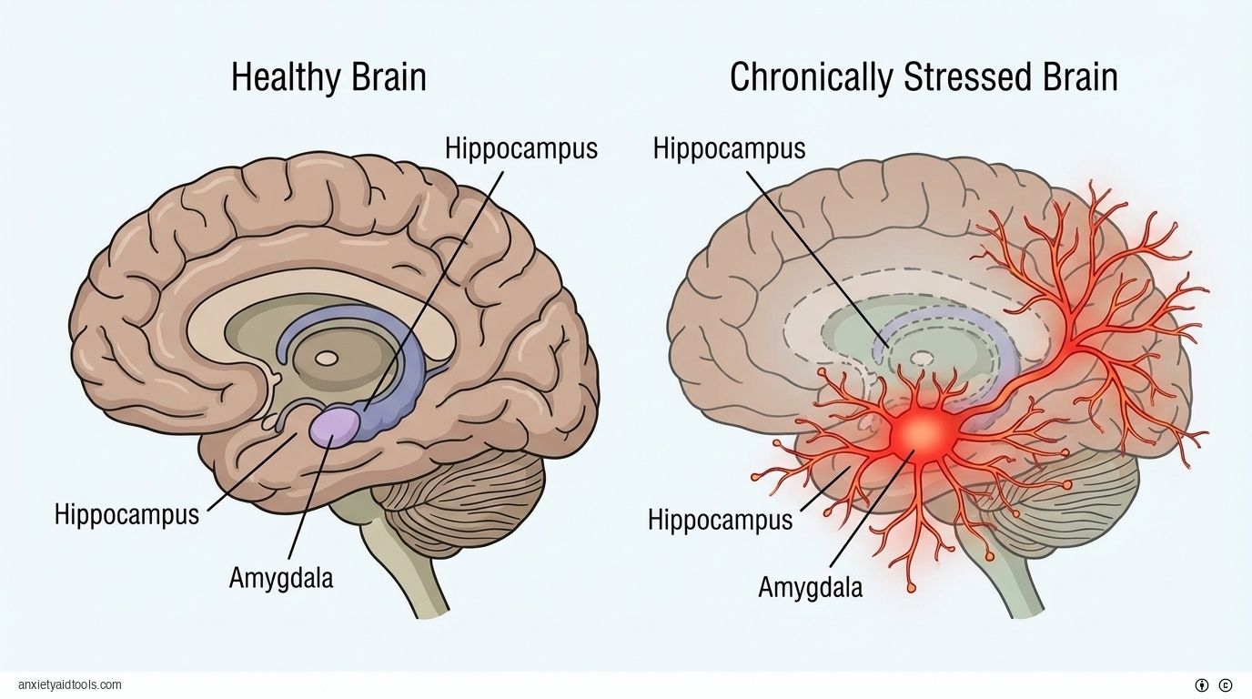 Brains compared: Healthy vs. Stressed. Stressed brain shows shrunken hippocampus, enlarged amygdala.