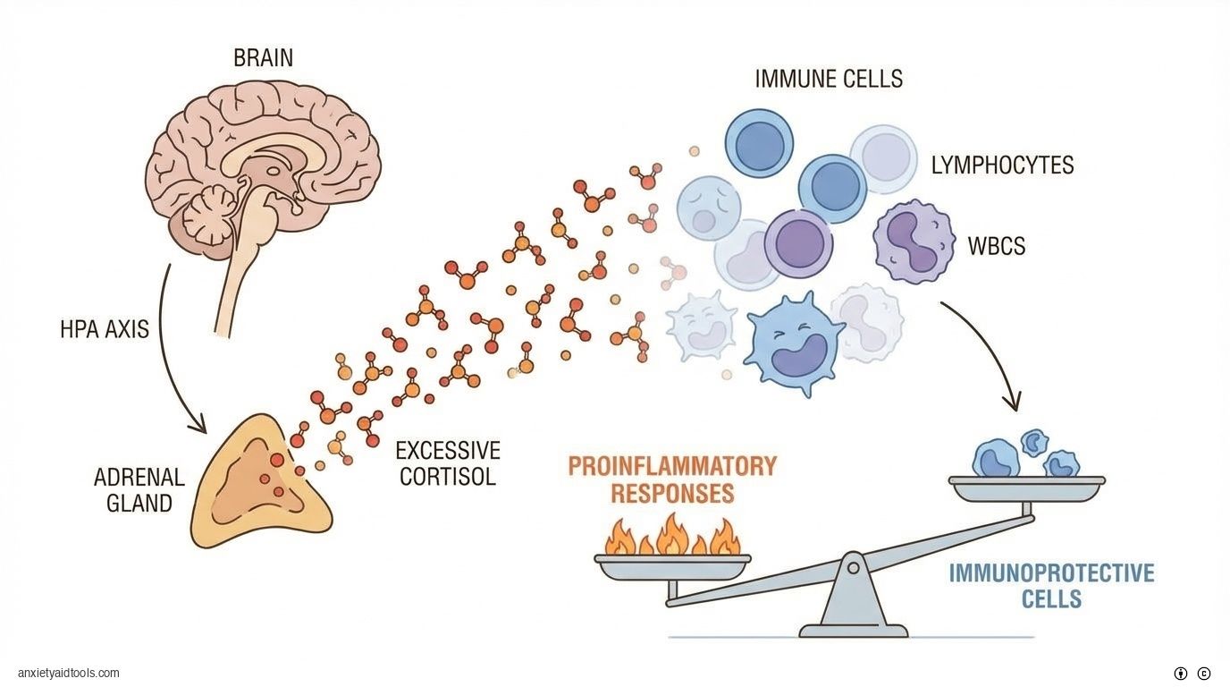 Cortisol suppresses immune cells, shown via HPA axis & balance scale.
