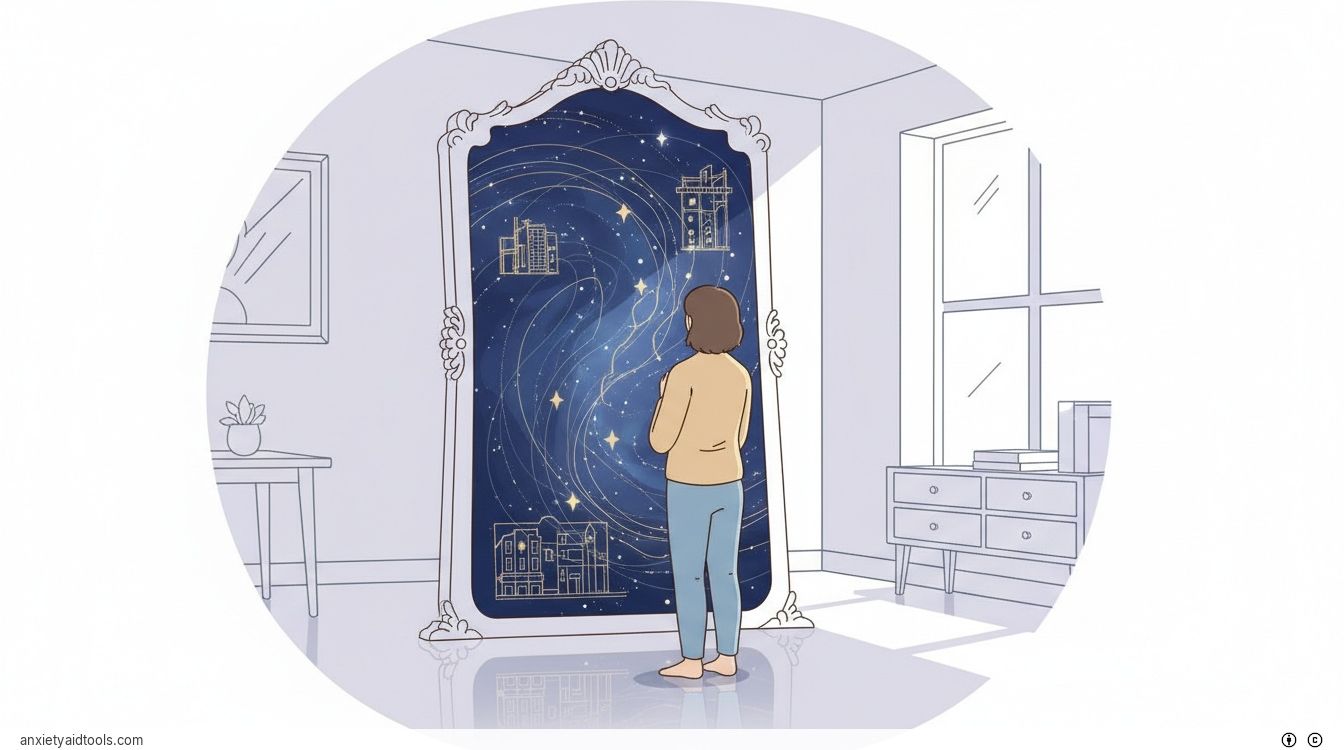 A person looking into a mirror that reflects a glowing constellation, symbolizing deep self-reflection.