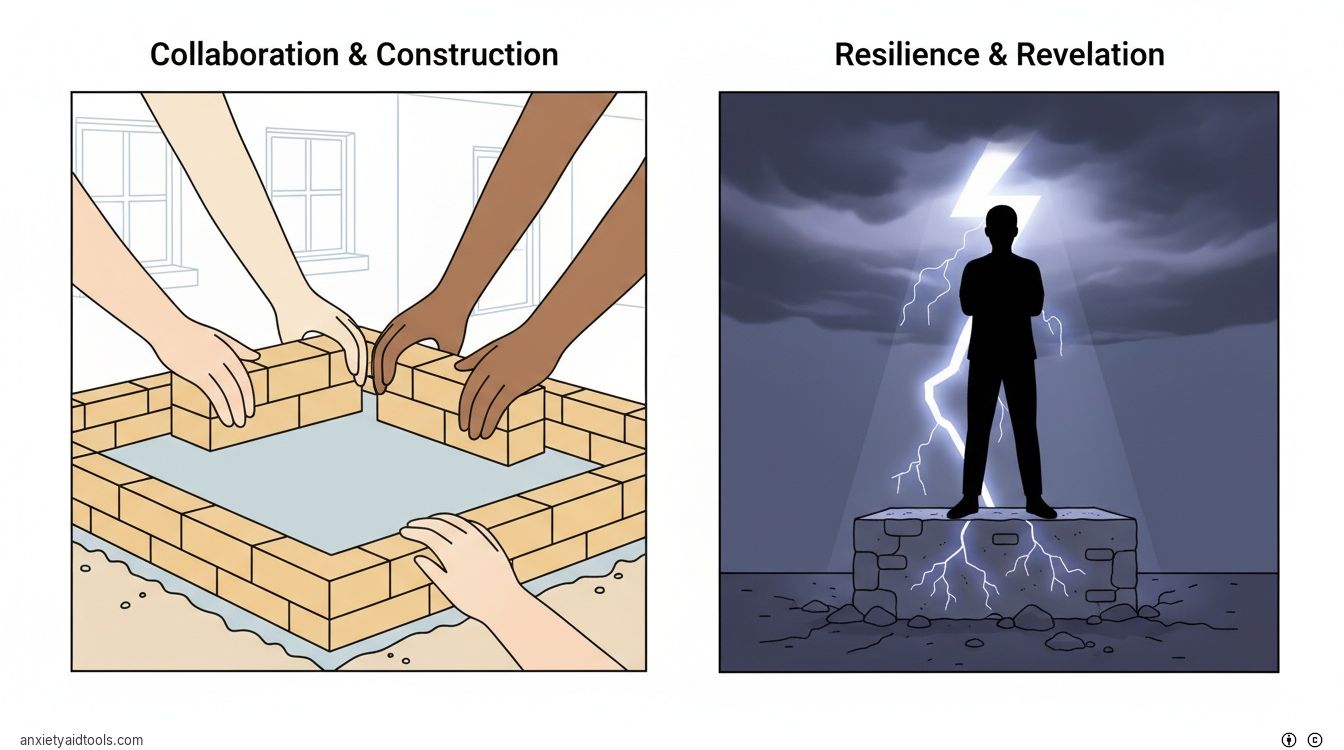 Hands building a brick wall contrasted with a person standing in a lightning storm.