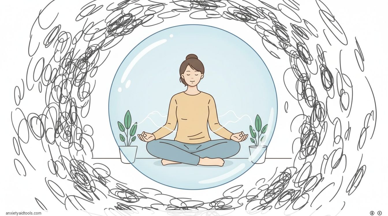 A person meditating inside a calm blue bubble of light, symbolizing emotional boundaries and safety.