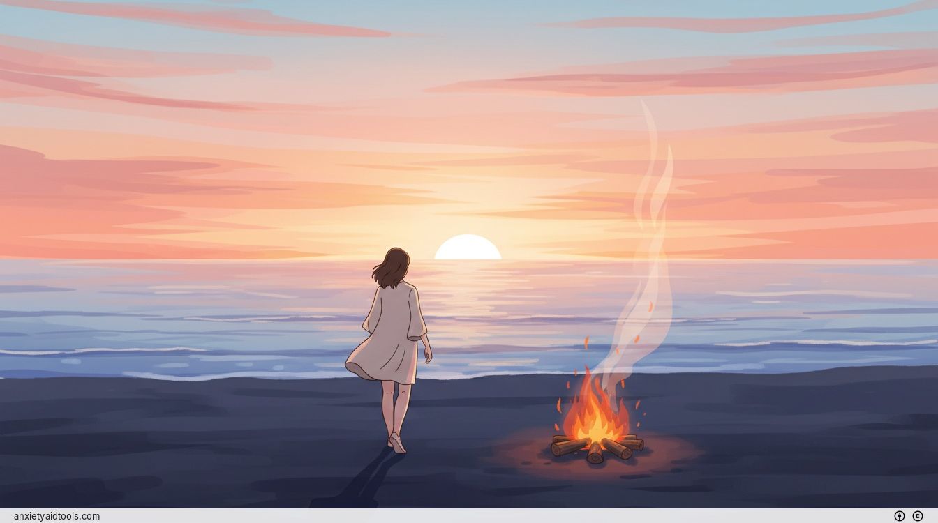 A person walking away from a small fire toward a bright, hopeful sunrise over the ocean.