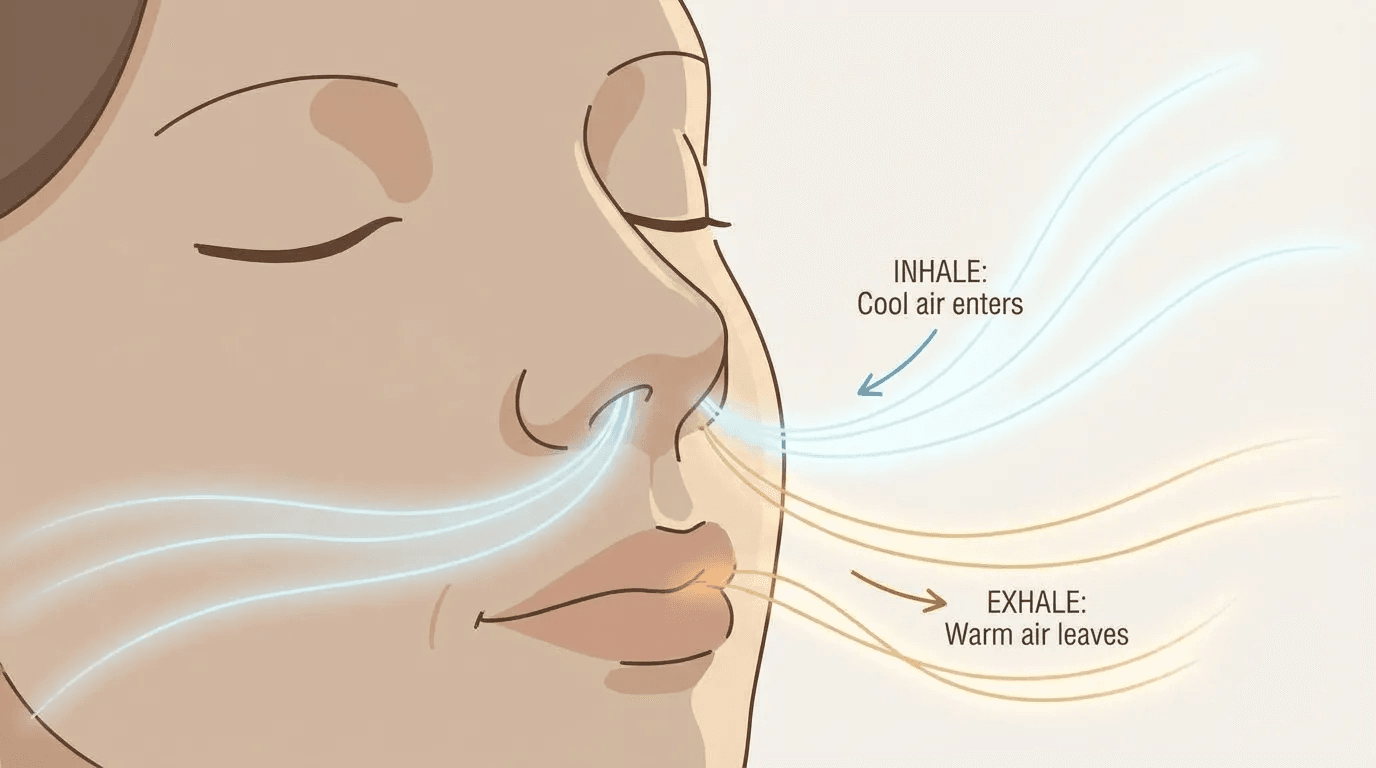 An artistic visualization of breathwork showing cool blue air entering and warm amber air leaving the nostrils