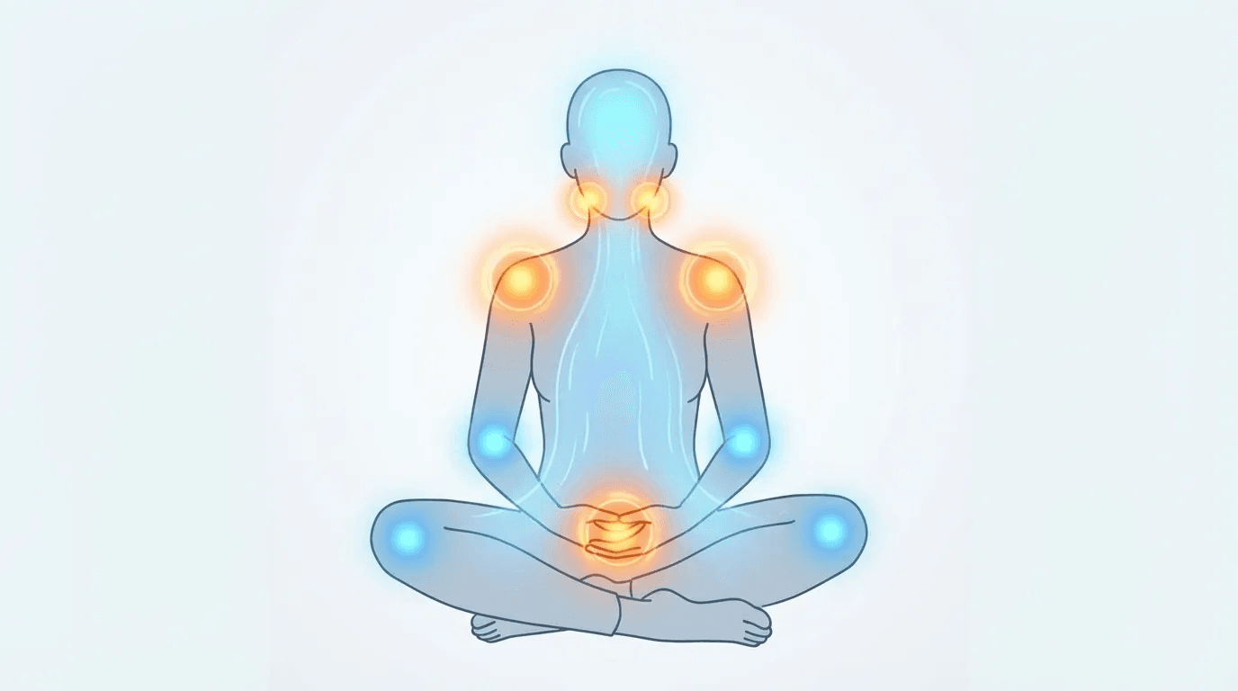 A visualization of body scan meditation with tension points shown as warm orbs that transform to relaxed blue