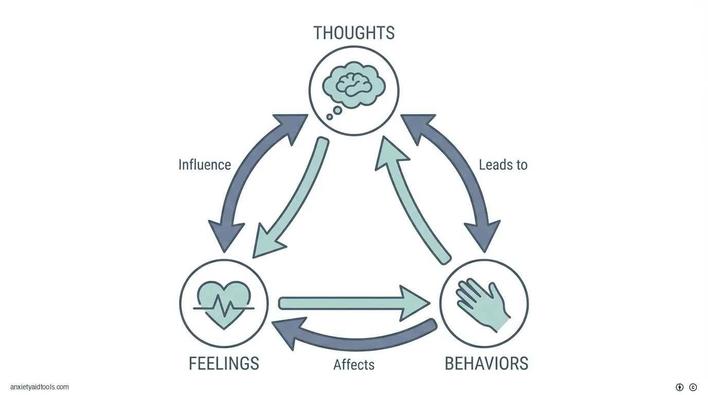 CBT triangle: Thoughts, feelings, behaviors interconnected.