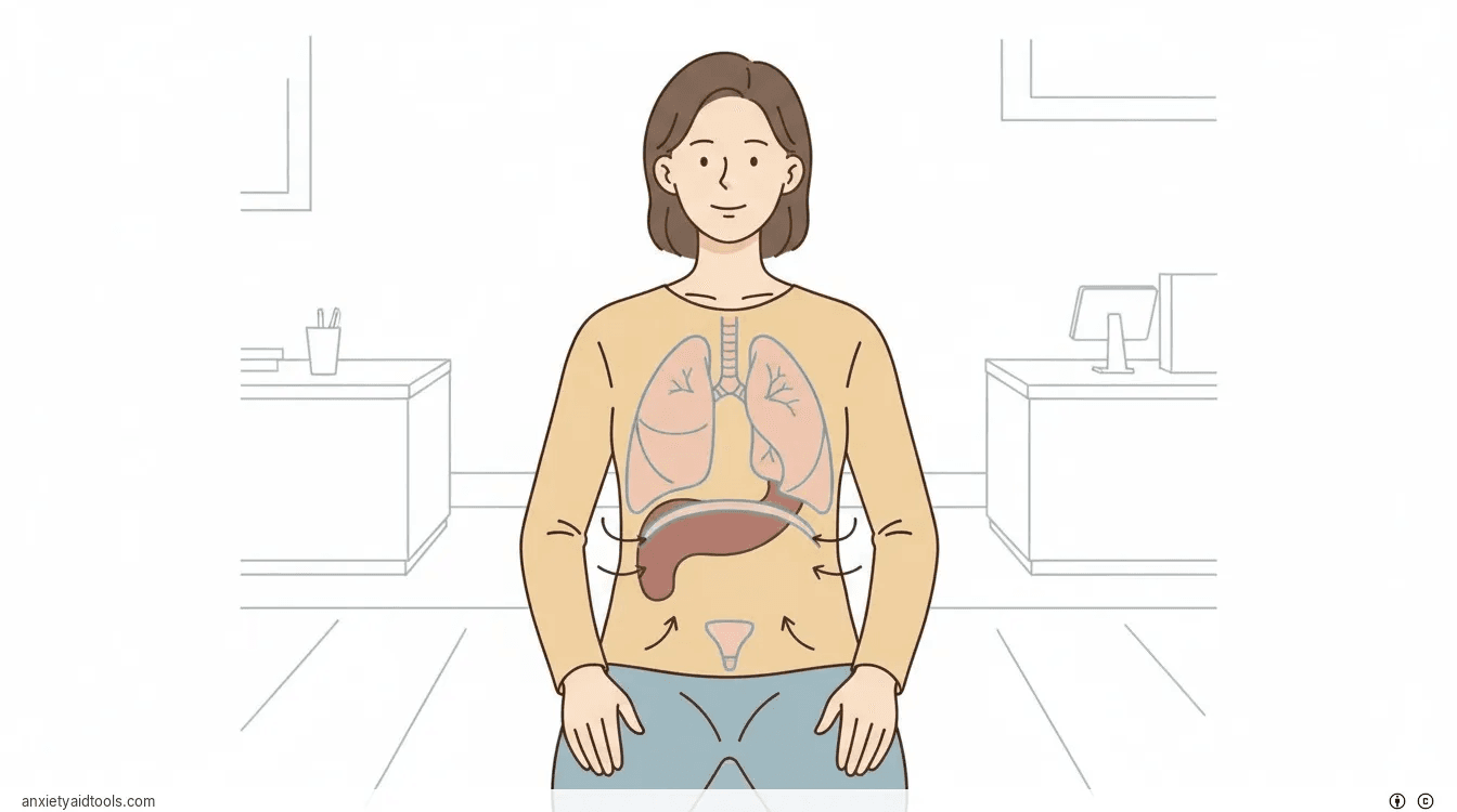 Instructional diagram showing relaxed shoulders and diaphragmatic belly breathing.