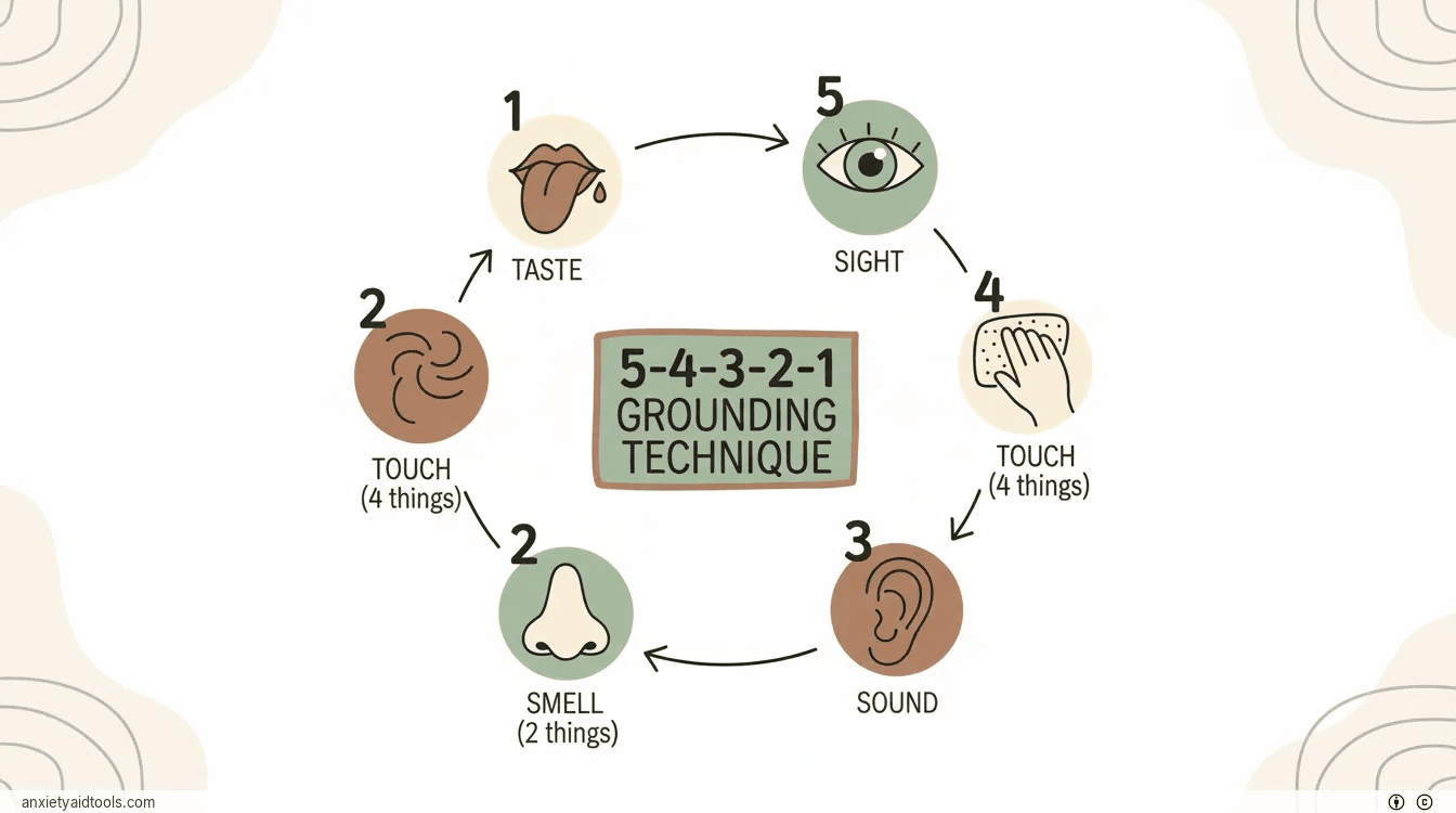 Minimalist icons representing the five senses used in the 5-4-3-2-1 grounding technique.