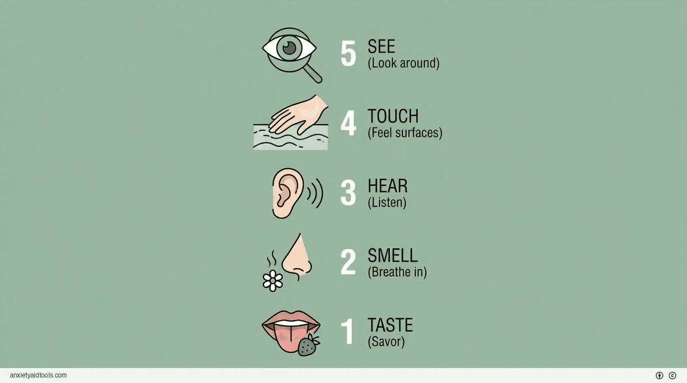 5-4-3-2-1 grounding technique infographic: sight, touch, sound, smell, taste.