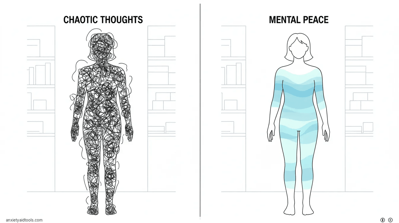 A split-screen illustration showing the transition from chaotic thoughts to a calm mind.