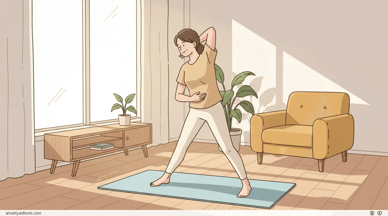 A person practicing gentle yoga in a sunlit living room to relieve stress.