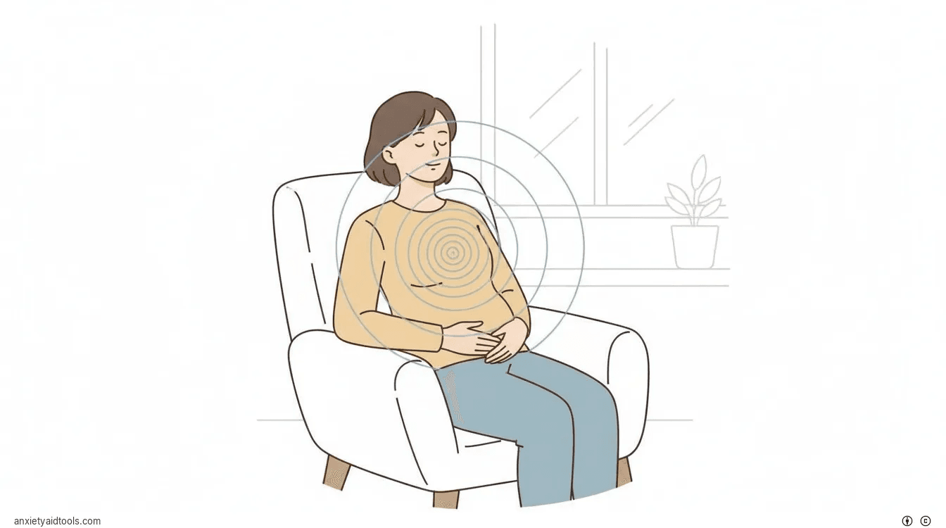 Minimalist art of a person practicing deep belly breathing in a comfortable chair.