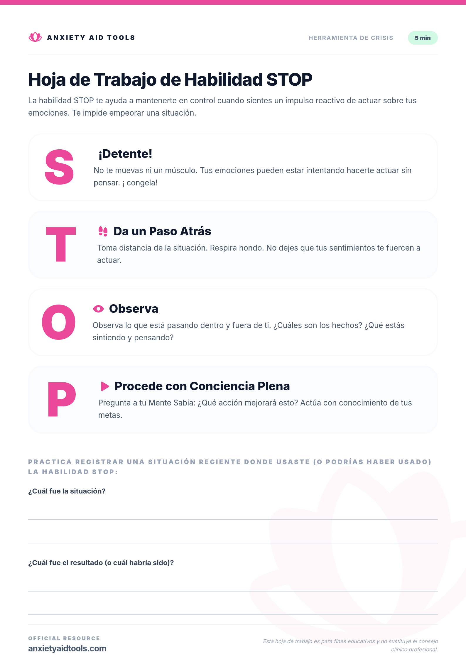 Hoja de Trabajo de Habilidad STOP