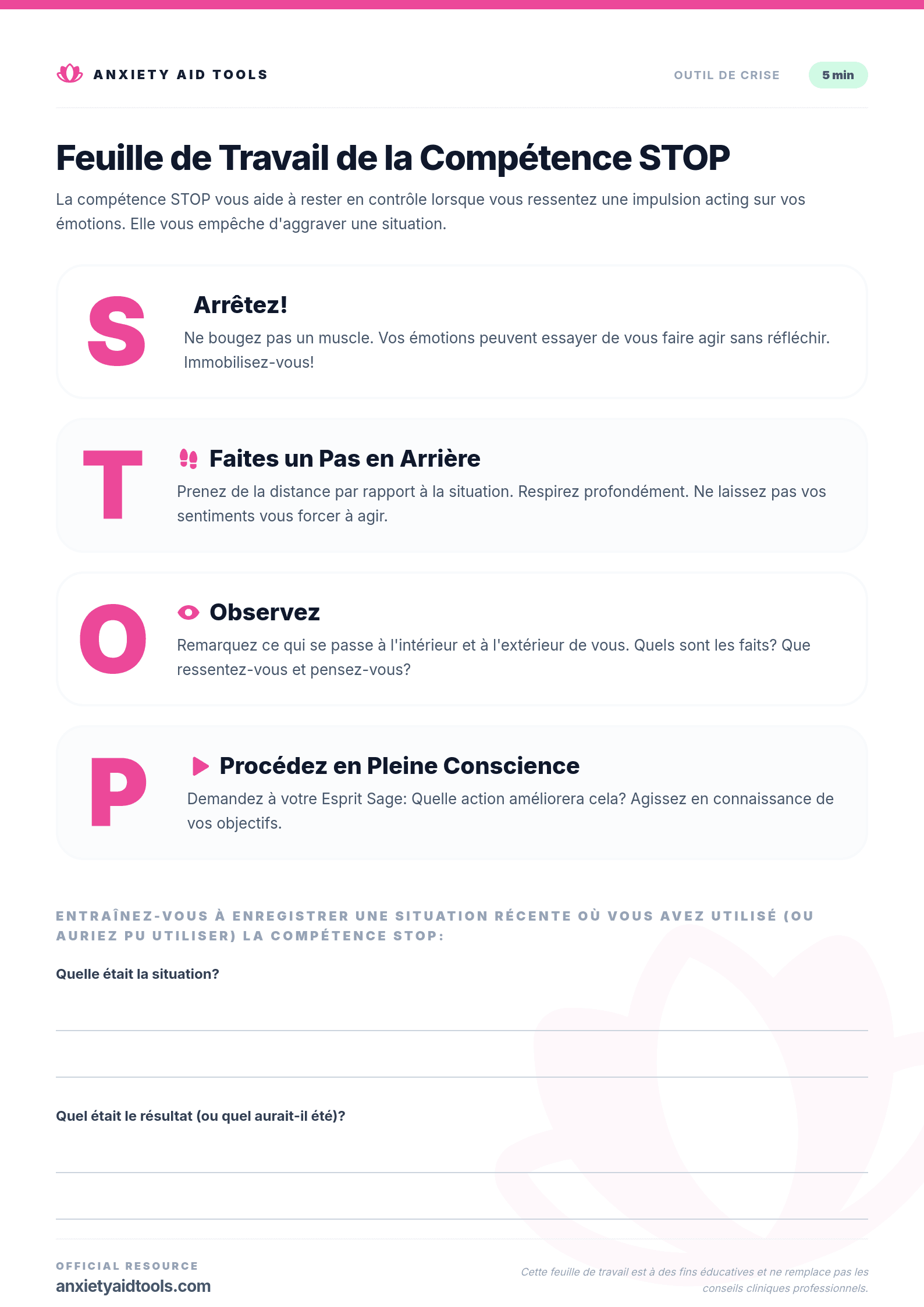 Feuille de Travail de la Compétence STOP